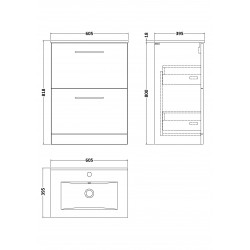 Arno Satin Green 600mm Freestanding 2 Drawer Vanity Unit with Minimalist Basin - Technical Drawing
