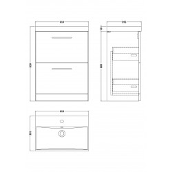 Arno Charcoal Black Woodgrain 600mm Freestanding 2 Drawer Vanity Unit with Thin-Edge Basin - Technical Drawing