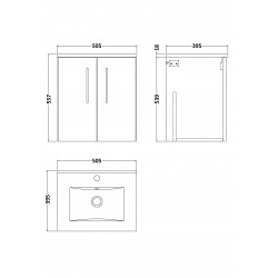 Arno Matt Electric Blue 500mm Wall Hung 2 Door Vanity Unit with Minimalist Basin - Technical Drawing