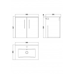 Arno Matt Electric Blue 600mm Wall Hung 2 Door Vanity Unit with Minimalist Basin - Technical Drawing