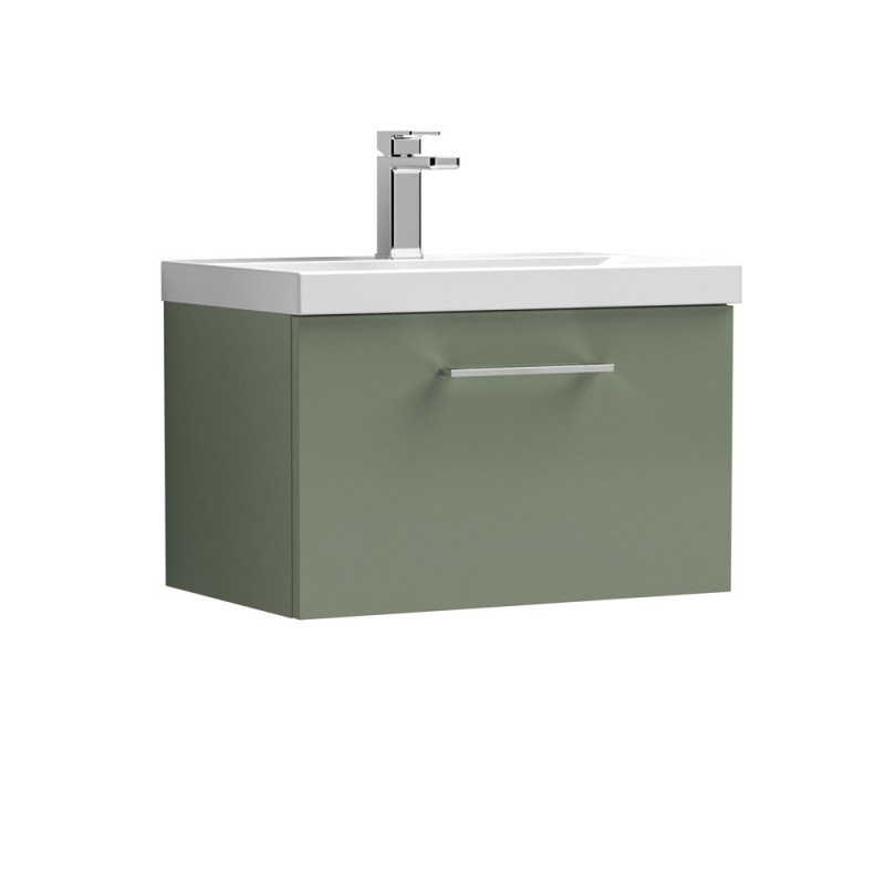 Arno Satin Green 600mm Wall Hung Single Drawer Vanity Unit with Thin-Edge Basin - Main