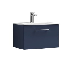 Arno Matt Electric Blue 600mm Wall Hung Single Drawer Vanity Unit with Minimalist Basin - Main