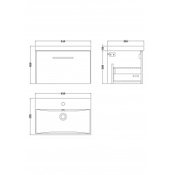 Arno Matt Electric Blue 600mm Wall Hung Single Drawer Vanity Unit with Thin-Edge Basin - Technical Drawing