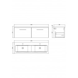 Arno Gloss White 1200mm Wall Hung 2 Drawer Vanity Unit with Double Basin - Technical Drawing
