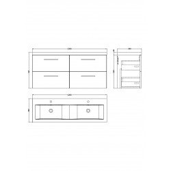 Arno Matt Electric Blue 1200mm Wall Hung 4 Drawer Vanity Unit with Double Basin - Technical Drawing