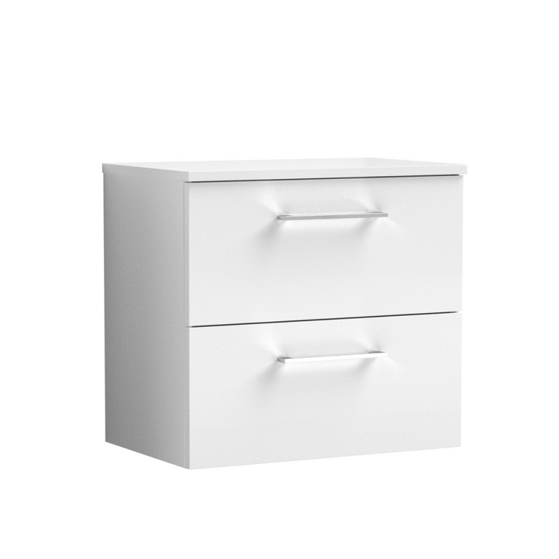 Arno Gloss White 600mm Wall Hung 2 Drawer Vanity Unit with Worktop - Main