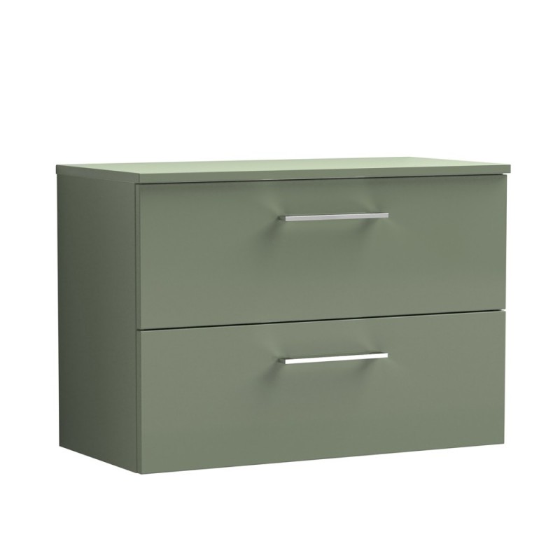 Arno Satin Green 800mm Wall Hung 2 Drawer Vanity Unit with Worktop - Main