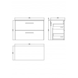 Arno Matt Electric Blue 800mm Wall Hung 2 Drawer Vanity Unit with Worktop - Technical Drawing