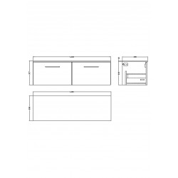 Arno Solace Oak Woodgrain 1200mm Wall Hung 2 Drawer Vanity Unit with Worktop - Technical Drawing