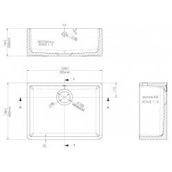 Fireclay Butler Sink with Overflow 595 x 450 x 220mm - Technical Drawing