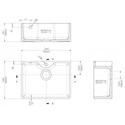 Fireclay Butler Sink with Tap Ledge, Tap Hole & Overflow 595 x 450 x 220mm - Technical Drawing
