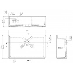 Fireclay Butler Sink with Tap Ledge & Overflow 795 x 500 x 220mm - Technical Drawing