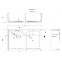 Fireclay Butler Sink 2 Bowl with Flush Weir 795 x 500 x 220mm - Technical Drawing
