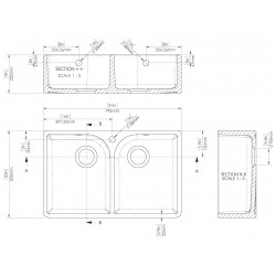 Fireclay Butler Sink 2 Bowl with Flush Weir, Tap Hole & Overflows 795 x 500 x 220mm - Technical Drawing