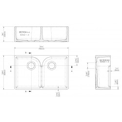 Fireclay Butler Sink 2 Bowl with Stepped Weir 795 x 500 x 220mm - Technical Drawing