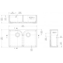 Fireclay Butler Sink 2 Bowl with Stepped Weir & Overflows 795 x 500 x 220mm - Technical Drawing