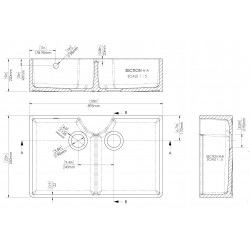 Fireclay Butler Sink  with Stepped Weir & Overflows 895 x 550 x 220mm - Technical Drawing