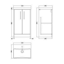 Juno White Ash 500mm Freestanding 2 Door Vanity With Thin-Edge Ceramic Basin - Technical Drawing