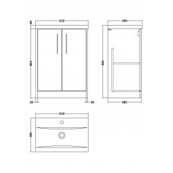 Juno White Ash 600mm Freestanding 2 Door Vanity With Mid-Edge Ceramic Basin - Technical Drawing
