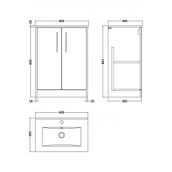 Juno White Ash 600mm Freestanding 2 Door Vanity With Minimalist Ceramic Basin - Technical Drawing