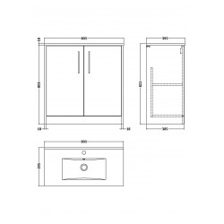 Juno White Ash 800mm Freestanding 2 Door Vanity With Minimalist Ceramic Basin - Technical Drawing