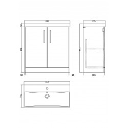 Juno White Ash 800mm Freestanding 2 Door Vanity With Thin-Edge Ceramic Basin - Technical Drawing