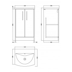 Juno White Ash 500mm Freestanding 2 Door Vanity With Curved Ceramic Basin - Technical Drawing