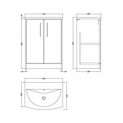 Juno White Ash 600mm Freestanding 2 Door Vanity With Curved Ceramic Basin - Technical Drawing