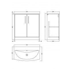 Juno White Ash 800mm Freestanding 2 Door Vanity With Curved Ceramic Basin - Technical Drawing