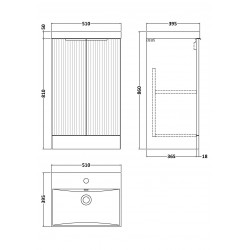 Fluted Satin White 500mm Freestanding 2 Door Vanity & Thin-Edge Ceramic Basin - Technical Drawing