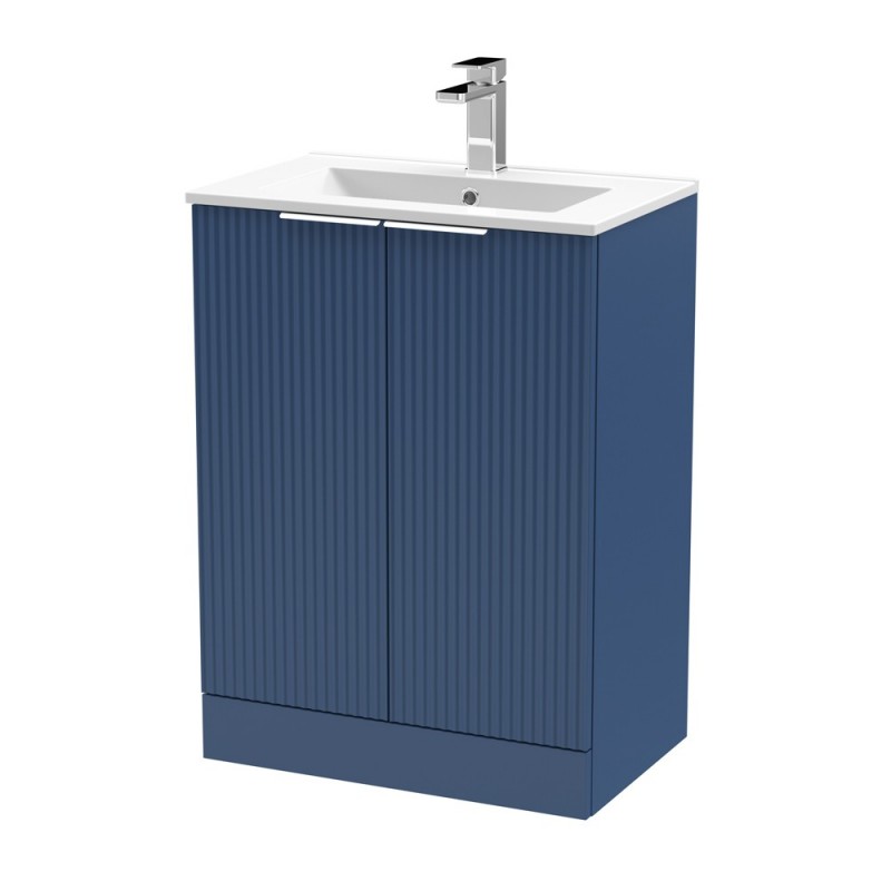 Fluted Satin Blue 600mm Freestanding 2 Door Vanity & Minimalist Ceramic Basin - Main