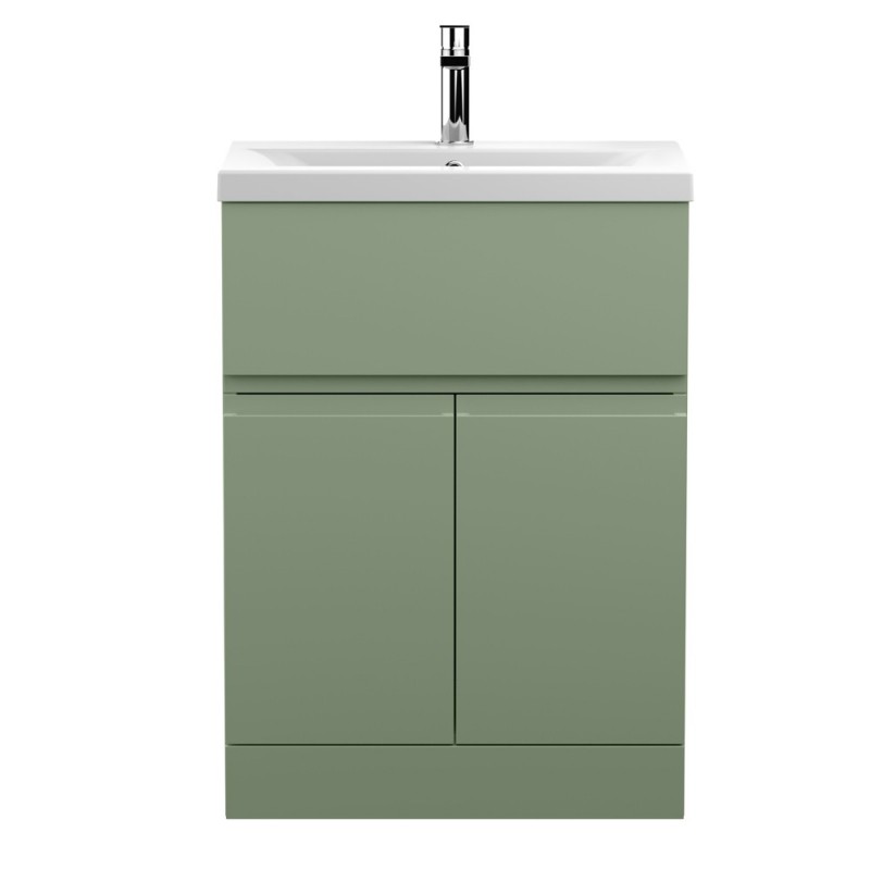 Urban Satin Green 600mm Freestanding 2 Door & Drawer Unit & Mid-Edge Ceramic Basin - Main