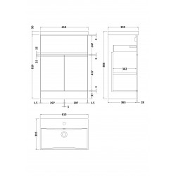 Urban Satin Green 600mm Freestanding 2 Door & Drawer Unit & Thin-Edge Ceramic Basin - Technical Drawing