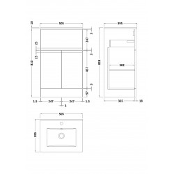 Urban Satin Grey 500mm Freestanding 2 Door & Drawer Vanity Unit & Minimalist Ceramic Basin - Technical Drawing