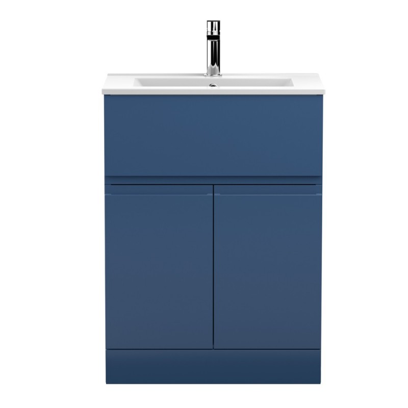 Urban Satin Blue 600mm Freestanding 2 Door & Drawer Vanity Unit & Minimalist Ceramic Basin - Main