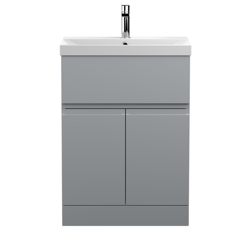 Urban Satin Grey 600mm Freestanding 2 Door & Drawer Vanity Unit & Thin-Edge Ceramic Basin - Main
