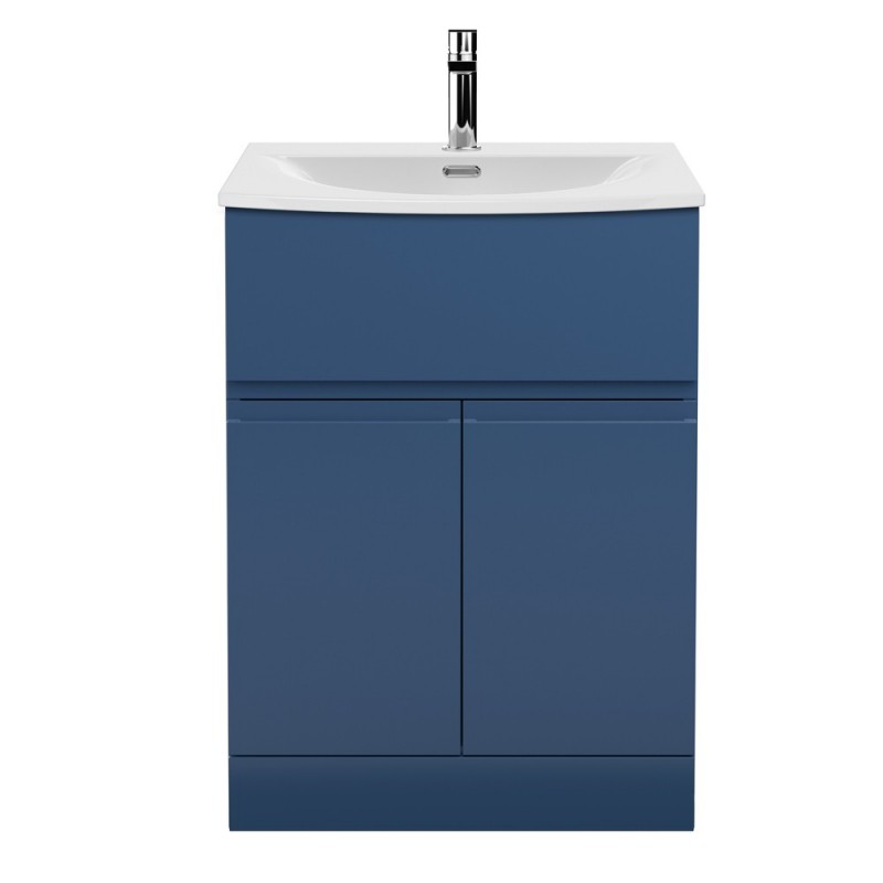 Urban Satin Blue 600mm Freestanding 2 Door & Drawer Vanity Unit & Curved Ceramic Basin - Main