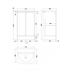Urban Satin Blue 500mm Freestanding 2 Door Vanity Unit & Curved Ceramic Basin - Technical Drawing