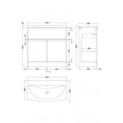 Urban Satin White 800mm Freestanding 2 Door Vanity Unit & Curved Ceramic Basin - Technical Drawing