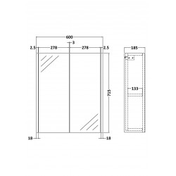 Juno White Ash 600mm Mirror Cabinet - Technical Drawing