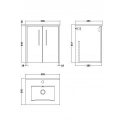 Juno White Ash 500mm Wall Hung 2 Door Vanity With Minimalist Ceramic Basin - Technical Drawing