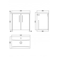 Juno White Ash 600mm Wall Hung 2 Door Vanity With Mid-Edge Ceramic Basin - Technical Drawing