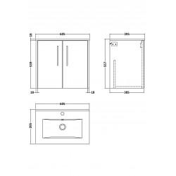 Juno White Ash 600mm Wall Hung 2 Door Vanity With Minimalist Ceramic Basin - Technical Drawing