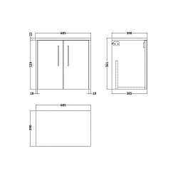 Juno White Ash 600mm Wall Hung 2 Door Vanity With White Sparkle Laminate Worktop - Technical Drawing