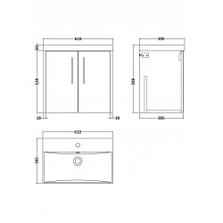 Juno Electric Blue 600mm Wall Hung 2 Door Vanity With Thin-Edge Ceramic Basin - Technical Drawing