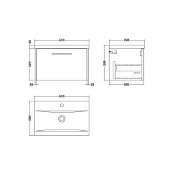 Juno White Ash 600mm Wall Hung Single Drawer Vanity With Mid-Edge Ceramic Basin - Technical Drawing