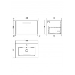 Juno White Ash 600mm Wall Hung Single Drawer Vanity With Minimalist Ceramic Basin - Technical Drawing