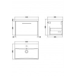 Juno White Ash 600mm Wall Hung Single Drawer Vanity With Thin-Edge Ceramic Basin - Technical Drawing