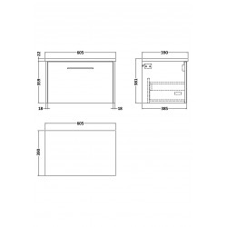 Juno White Ash 600mm Wall Hung Single Drawer Vanity With White Sparkle Laminate Worktop - Technical Drawing