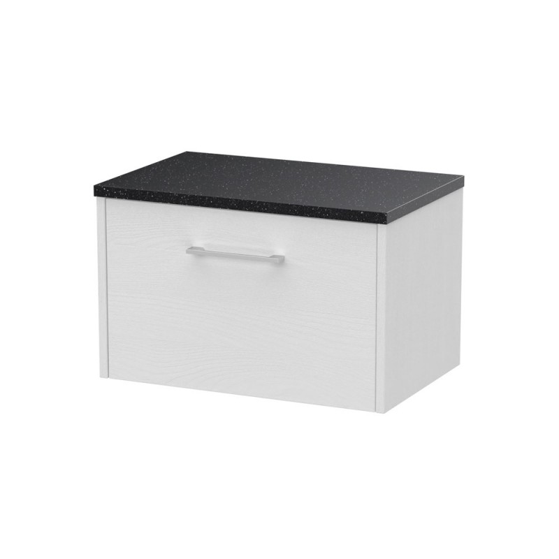 Juno White Ash 600mm Wall Hung Single Drawer Vanity With Black Sparkle Laminate Worktop - Main